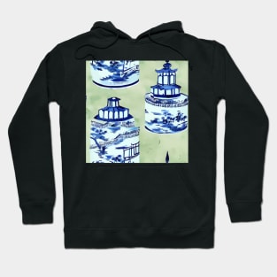 Blue and white chinoiserie jars on sage green Hoodie